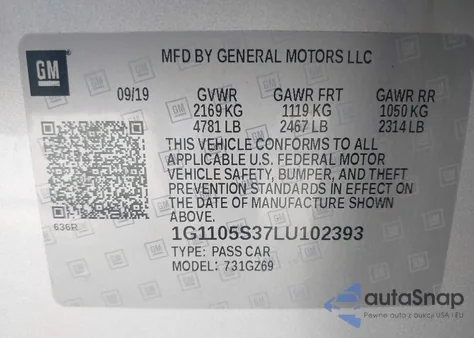 2020 Chevrolet Impala Fwd Premier из США, поврежденный, VIN 1G1105S37LU102393